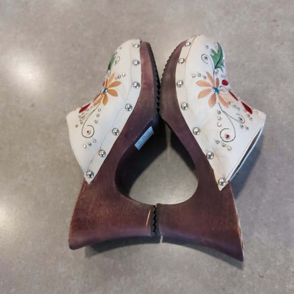 SPRING Women's Ivory Floral Embroidered Leather Platform Mules/Clogs Size 7.5M - Picture 7 of 10